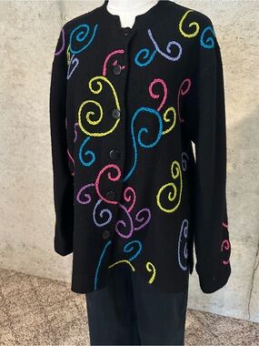 Coldwater Creek Colorful Embroidered Wool Cardigan Maximalism 90s Sweater Size L